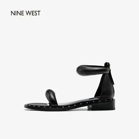 Nine West/玖熙一字带凉鞋女2023年夏新款时尚真皮铆钉黑色平底鞋图片