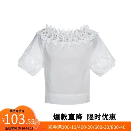 【艾格】春季新款一字肩T恤镂空花边花苞袖时尚百搭休闲上衣女潮商品大图