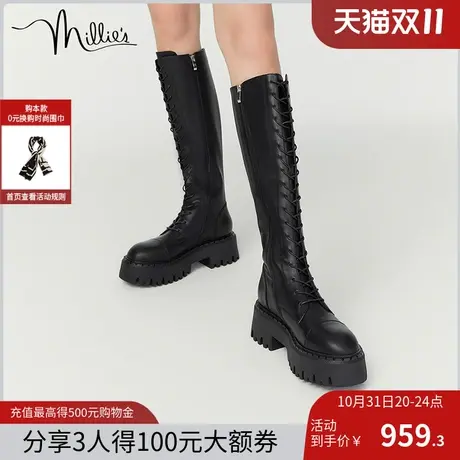 millie's/妙丽冬新款时尚圆头粗跟骑士靴女高筒长靴25563DG2图片