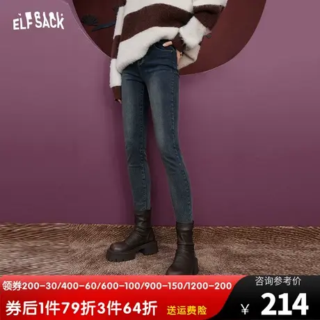 妖精的口袋高腰直筒牛仔裤女2023冬季新款小个子复古修身显瘦长裤商品大图
