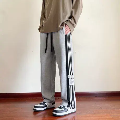 男士卫裤春秋款宽松条纹阔腿运动裤男生青少年夏季潮牌休闲长裤子商品大图