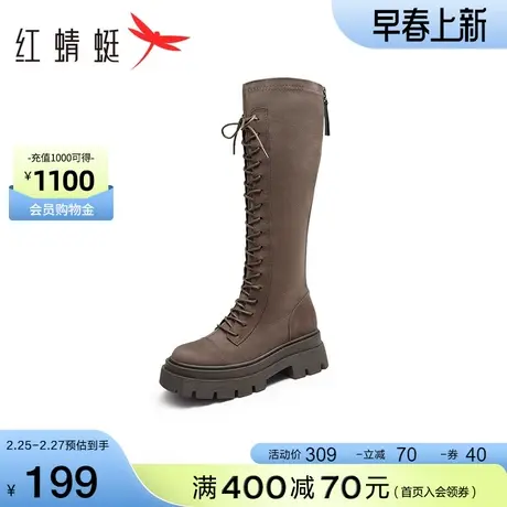 红蜻蜓厚底骑士靴2023冬季新款女鞋百搭不过膝高筒靴显瘦弹力靴潮图片