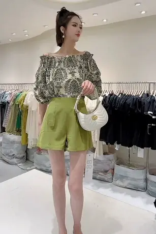 碎花雪纺衬衫女夏短袖一字领露肩锁骨性感洋气小衫泡泡袖漂亮上衣商品大图
