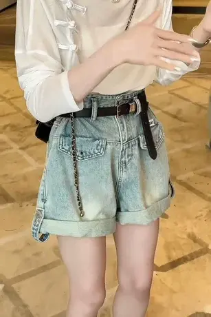 新款送腰带大码牛仔短裤女高腰韩版宽松显瘦百搭卷边a字阔腿裤潮图片