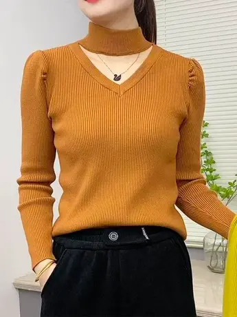 挂脖v领镂空锁骨毛衣女秋冬新款套头修身内搭针织衫打底女上衣潮商品大图