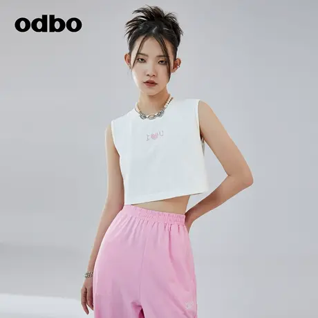 odbo/欧迪比欧原创设计主题logo印花白色背心女夏季露脐短款上衣图片
