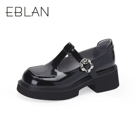 伊伴春季女鞋小众设计感厚底玛丽珍鞋花朵扣饰棋盘格单鞋皮鞋商品大图