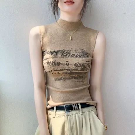 歌倍尚无袖针织打底衫女内搭2025春季半高领印花修身羊毛吊带背心商品大图