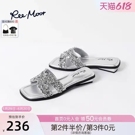 REEMOOR睿慕2025春夏新款水钻方头一字带凉拖鞋女外穿平底拖鞋女商品大图