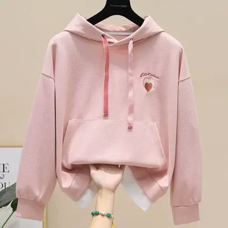 连帽卫衣女秋冬款百搭桃心刺绣假两件上衣宽松bf慵懒风连帽外套潮商品大图