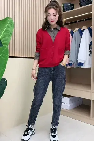 假两件格子拼接卫衣+腰带牛仔九分裤两件套大码上衣小脚裤套装潮图片