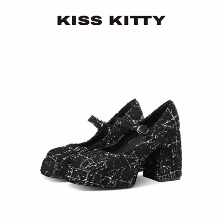 KISSKITTY2025年新款厚底增高防水台小个子高跟鞋黑色千鸟格女鞋图片