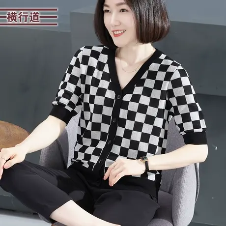 针织衫中袖中年妈妈开衫夏季V领格子衫 宽松2023新款黑白格五分袖商品大图