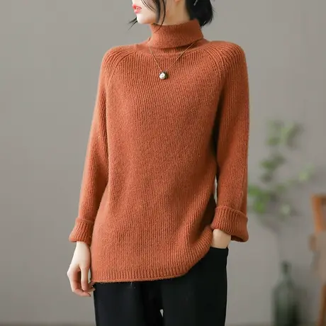 dza 文艺复古高领毛衣女士宽松打底衫秋冬洋气上衣内搭休闲针织衫商品大图