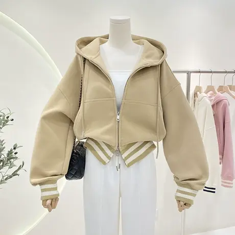 连帽卫衣女春秋2023新款时尚设计感宽松百搭撞色双拉链开衫外套商品大图