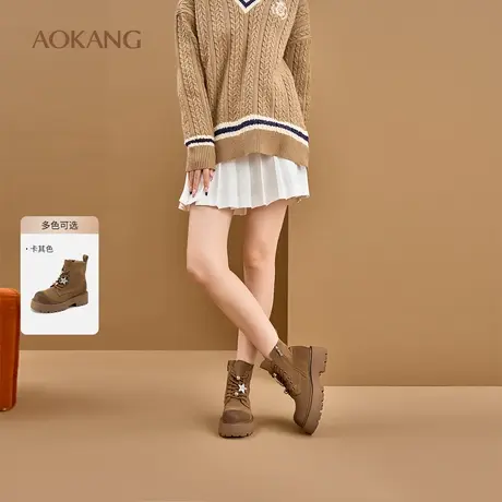 奥康 女鞋冬季美式复古圆头百搭工装靴厚底英伦风马丁靴商品大图