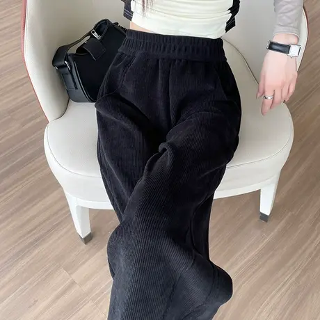 黑色雪尼尔阔腿裤女2023秋冬季新款高腰直筒条绒灯芯绒拖地休闲裤商品大图