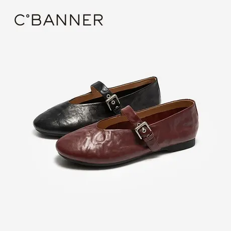 千百度低跟羊皮玛丽珍鞋女百搭气质新款手抓皮晚晚鞋浅口平底单鞋图片