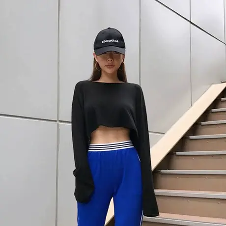 爵士舞t恤女夏短款露脐上衣长袖女漏肚脐宽松学生性感马甲线jazz商品大图
