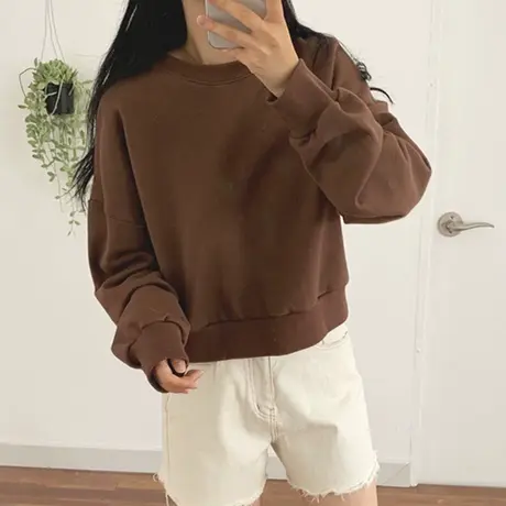 无帽圆领卫衣女春秋季薄款宽松洋气百搭bf慵懒风高腰短款外套上衣商品大图