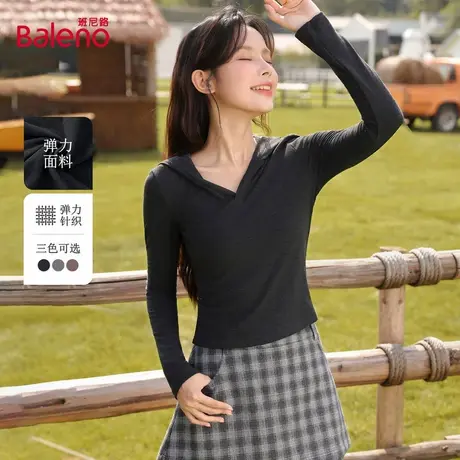 班尼路连帽打底衫女2025新款秋修身显瘦磨毛软糯亲肤上衣长袖T恤Q商品大图