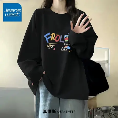 KV真维斯黑色长袖t恤女2025新款春秋季韩系慵懒风宽松纯棉上衣服商品大图