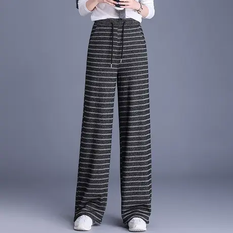 松紧腰抽绳条纹阔腿裤高腰休闲裤女春秋季2025新款宽松直筒裤长裤图片
