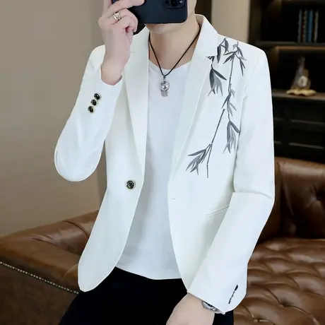 新中式竹叶刺绣小西装外套男士春秋季韩版修身潮流单西服礼服上衣商品大图