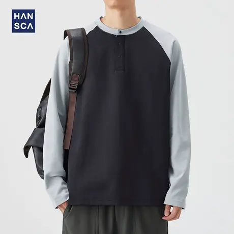 hansca 230g亨利领长袖T恤男士2025秋季宽松撞色插肩袖打底衫上衣商品大图