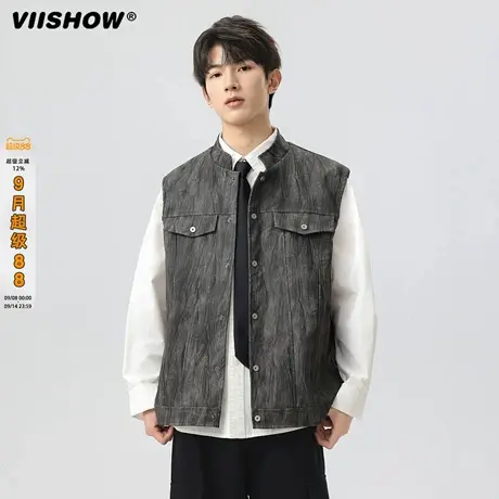 VIISHOW复古褶皱纹理皮质马甲男款秋季高街机车开衫坎肩背心外套商品大图