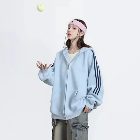 美式三条杠撞色连帽卫衣女春秋2025年新款宽松休闲开衫拉链外套图片