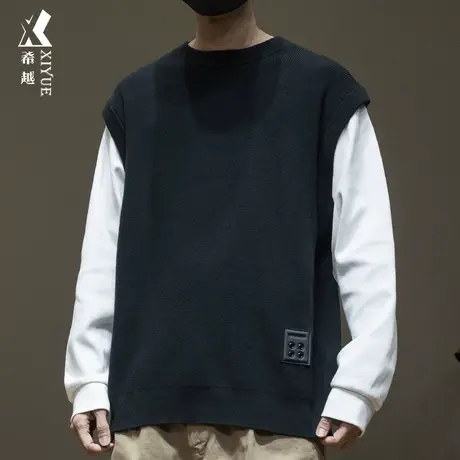 日系假两件针织毛衣男秋季设计感宽松大码撞色套头男士长袖上衣潮商品大图