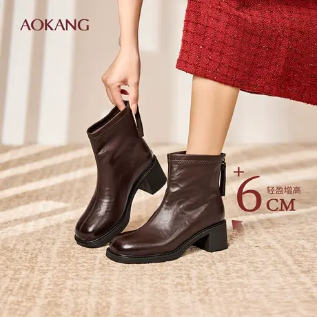 奥康 女鞋2025冬季时装靴圆头英伦风加绒保暖厚底增高显瘦短靴商品大图