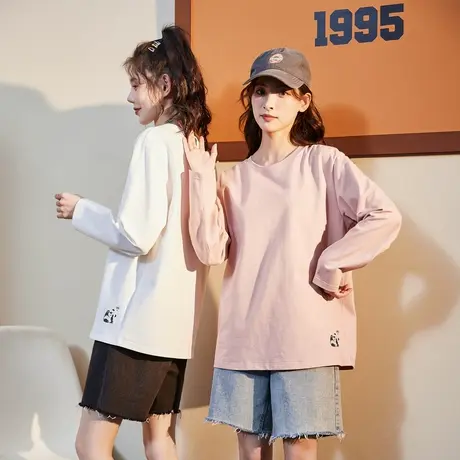 唐狮春秋季新款纯色长袖T恤女宽松圆领内搭打底衫简约休闲T恤女TE图片