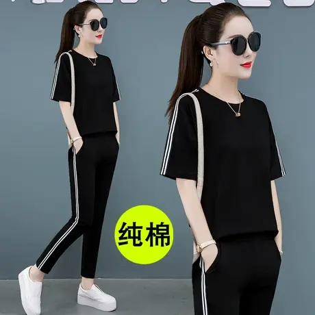 纯棉运动套装女宽松夏装时尚两件套2023年新款潮妈妈休闲大码40岁商品大图