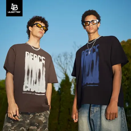 Lilbetter短袖T恤男字母印花体恤街头涂鸦上衣纯棉衣服落肩夏装商品大图