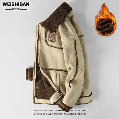 美式复古羊羔毛保暖加厚棉衣2023冬新款潮牌复古慵懒风麂皮绒外套商品大图