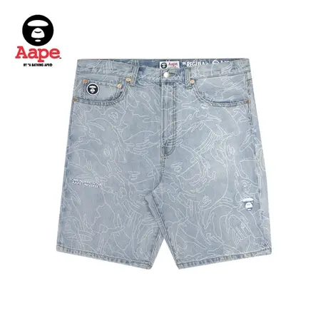 Aape男装春夏猿颜徽章字母刺绣线型迷彩水洗牛仔短裤6621XXE图片