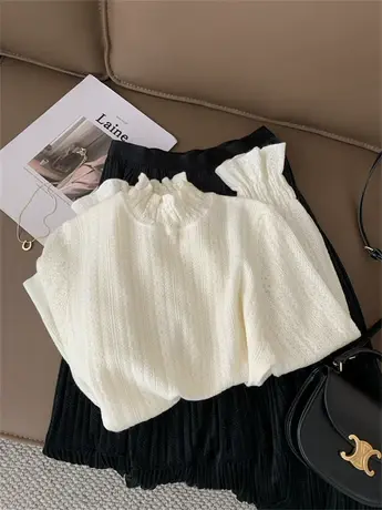 精致法式木耳边提花针织衫女温柔百搭立领花边长袖T恤23秋冬内搭图片