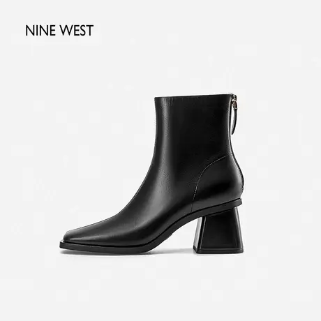 Nine West/玖熙方头粗跟后拉链时装靴2023冬季新品加绒通勤高跟鞋图片