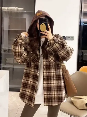 洋气复古长袖加绒格子衬衫女欧洲站2023秋冬新款欧货宽松连帽外套商品大图