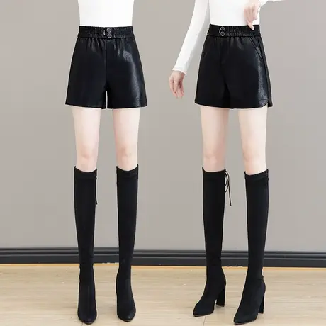 皮短裤女2023年秋冬新款百搭松紧高腰皮裤阔腿A字宽松显瘦PU靴裤图片