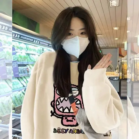 白色hiphop潮牌卫衣女秋冬加绒上衣ins潮大码复古风显瘦加厚外套商品大图