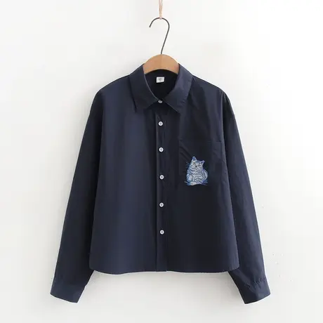 韩版少女学院风大猫绣花长袖衬衫女秋季藏青色衬衣小个子学生衬衫商品大图