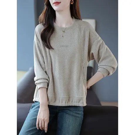 宝诗黎灰色圆领宽松慵懒卫衣春秋季长袖T恤休闲打底上衣2023新款商品大图