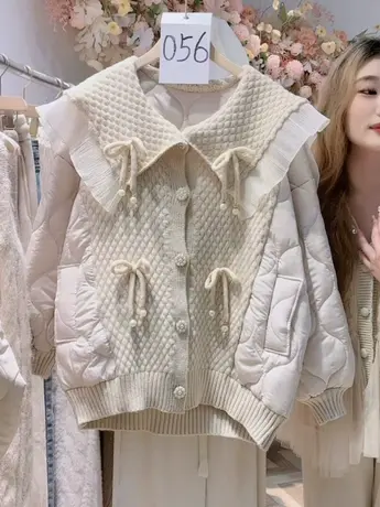 奶系设计感减龄甜美棉服女韩版宽松娃娃海军领针织拼接夹棉外套潮图片