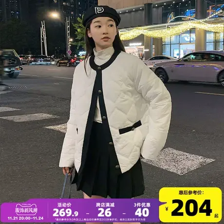 唐狮2023年冬季新款小香风棉衣女圆领小个子菱形格轻薄棉袄外套潮图片