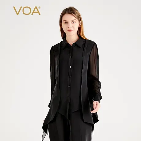 VOA30姆米重磅桑蚕丝黑色POLO领长袖单排扣不对称休闲真丝衬衫图片