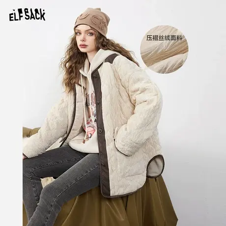 妖精的口袋拼接皮衣棉服女2023冬季新款复古小个子薄款棉衣外套图片