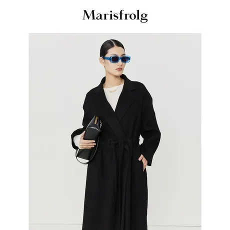 【羊毛毛呢大衣】玛丝菲尔冬季黑色腰部松紧抽绳毛呢外套图片